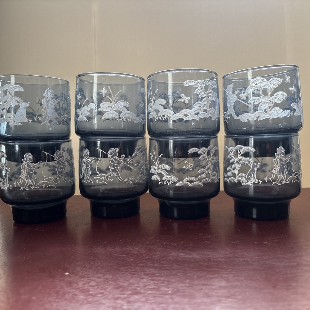 Mary Gregory Glass Set 8pc Boy Girl Dog Libbey Vintage Blue Glass